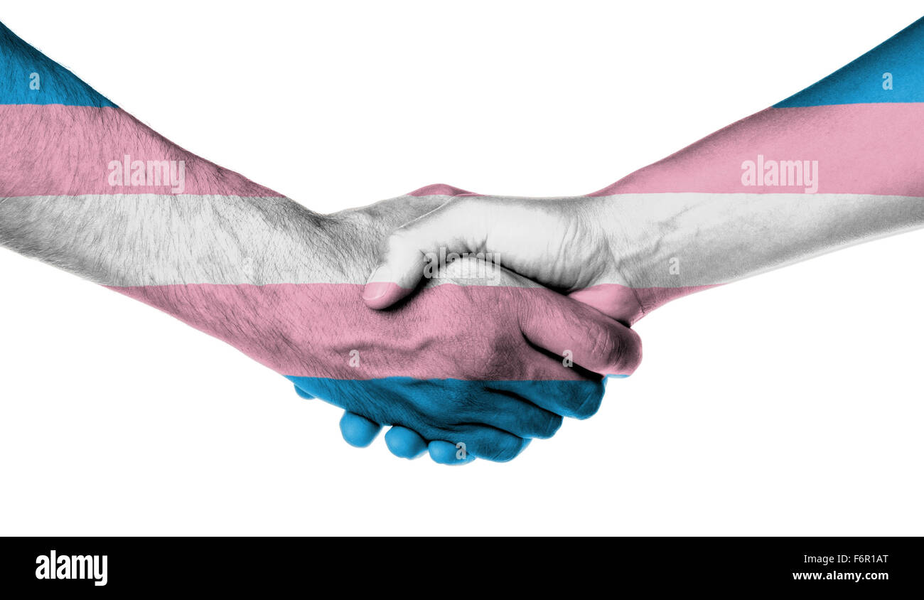 El hombre y la mujer se estrechan las manos, envuelto en una bandera, patrón del orgullo Trans. Foto de stock