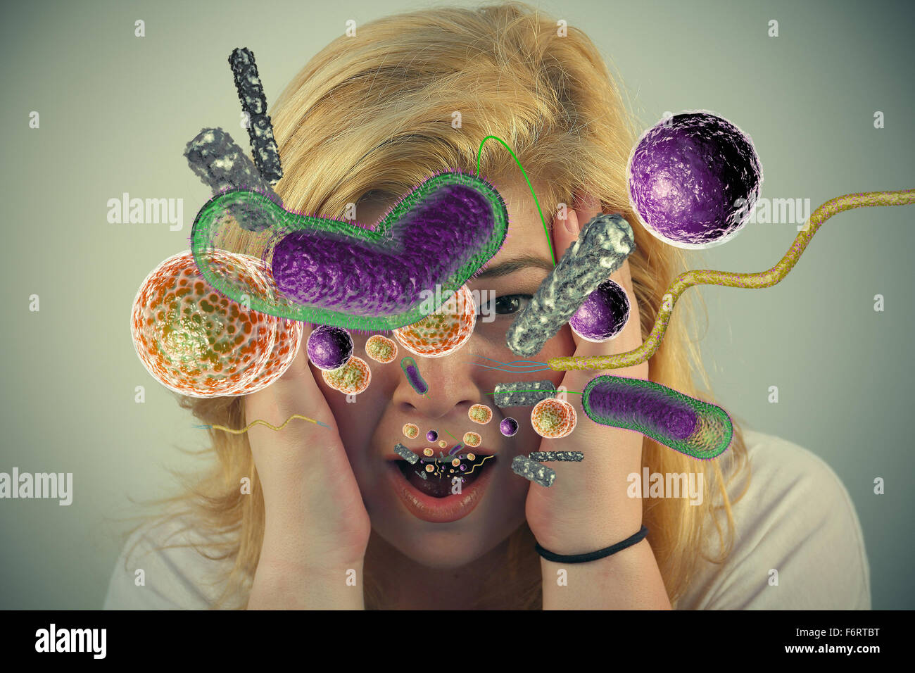 Virus bacterias enfermedad enfermos derramando niñas boca abierta Foto de stock