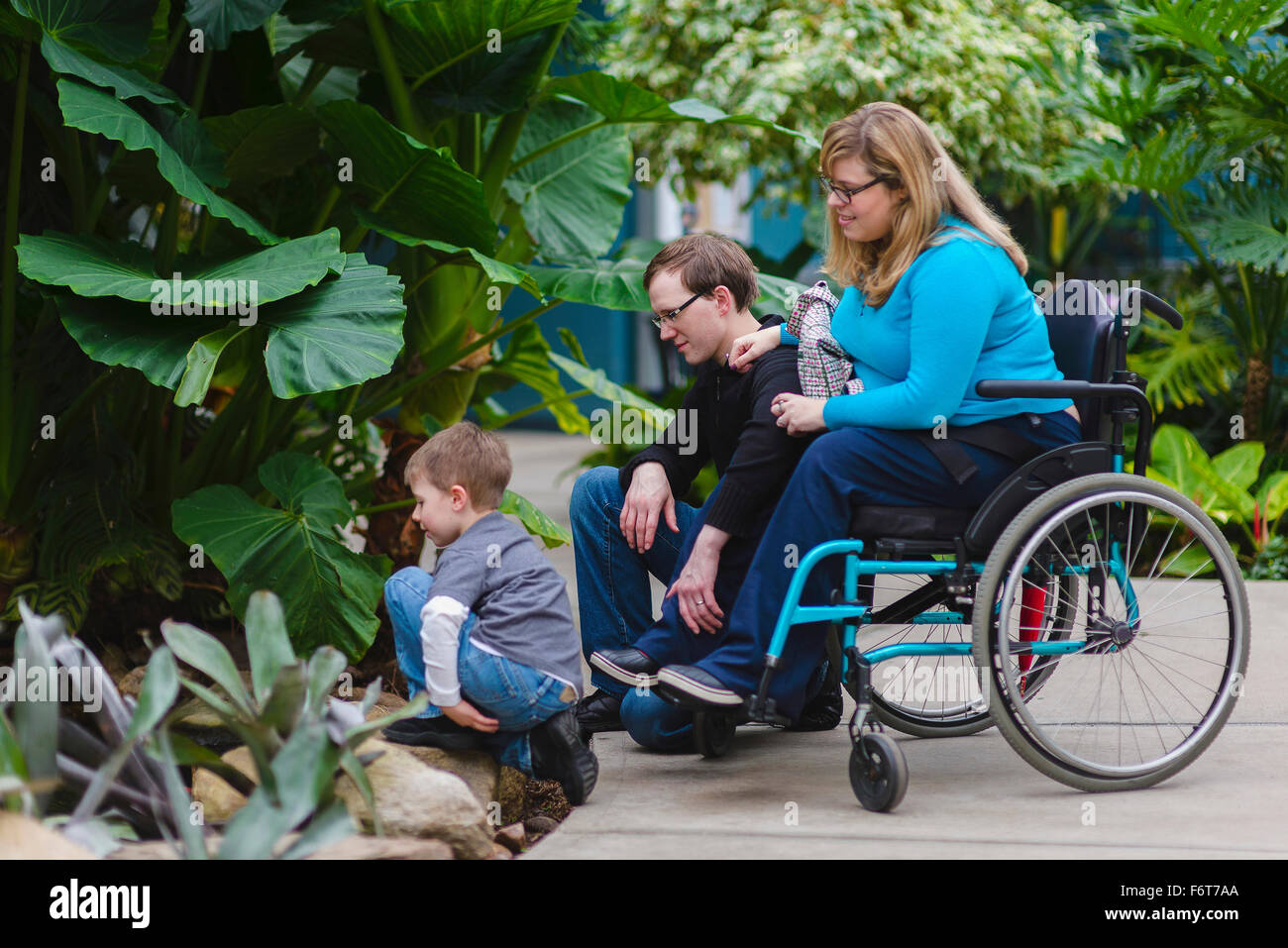 La mujer y la familia parapléjico admirando las plantas Foto de stock