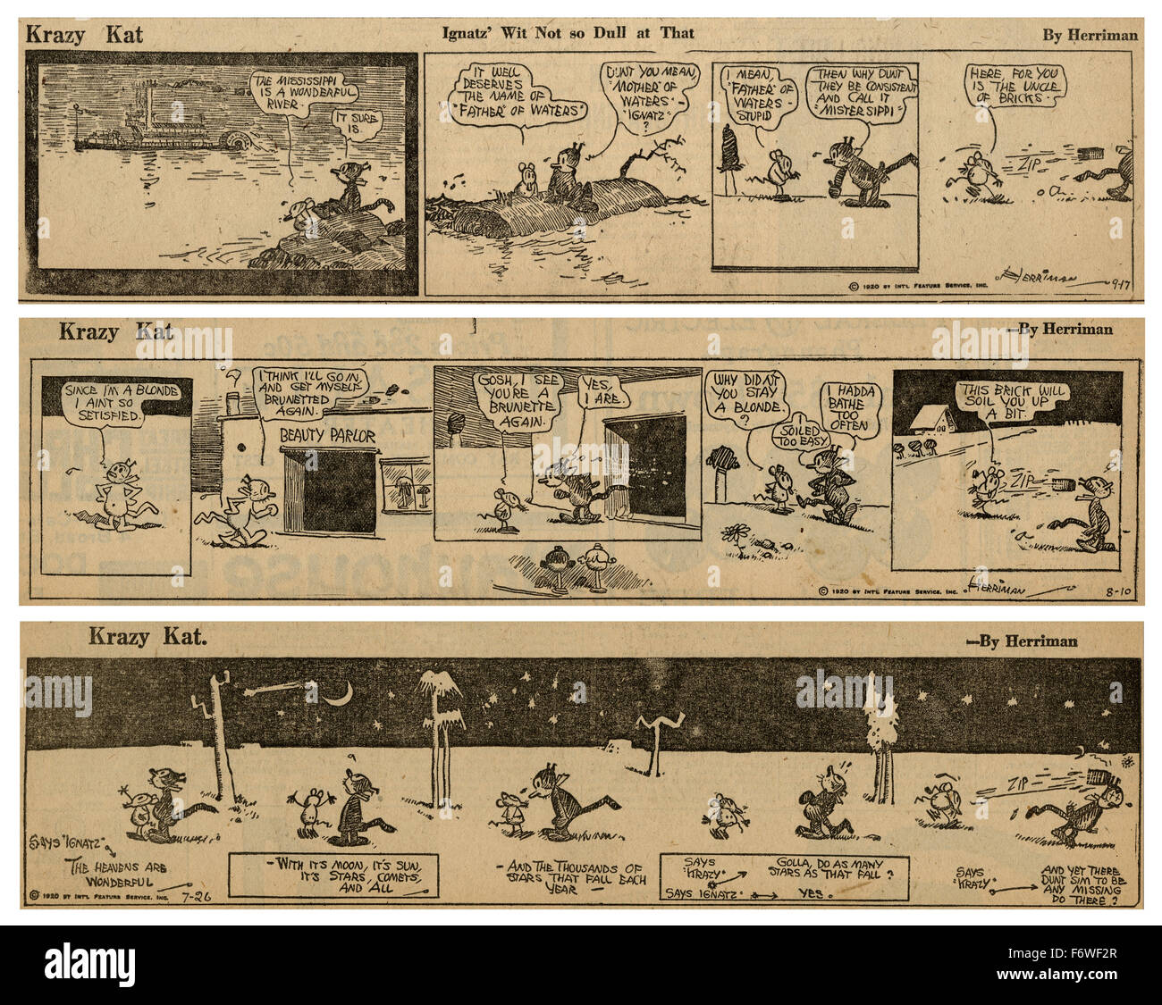 Tres tiras de cómic 1920 Krazy Kat de George Herriman, con Krazy Kat e Ignatz Mouse. Foto de stock