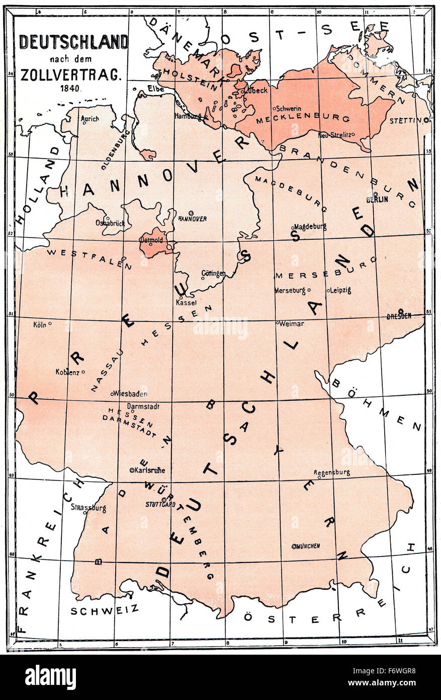 Mapa Histórico, Alemania después del Tratado Aduanero de 1840, Foto de stock