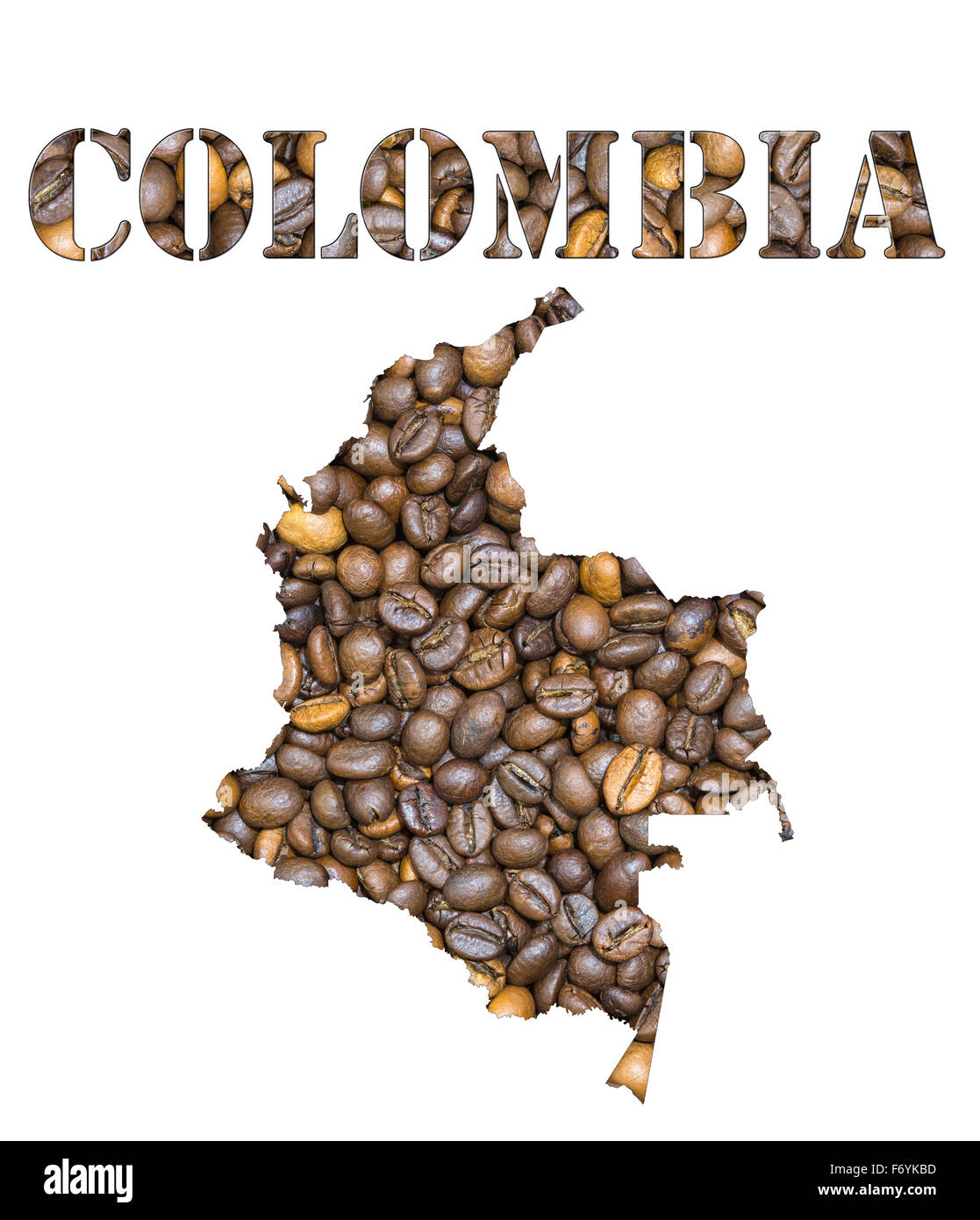 Los granos de café tostado de fondo marrón con la forma de la palabra Colombia y el país mapa geográfico de esquema. Imagen isolat Foto de stock