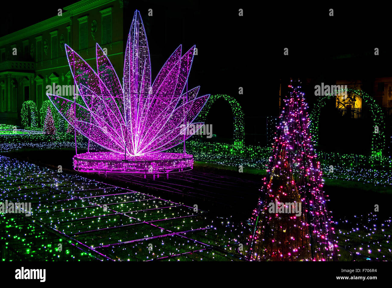 Jardín de Luz con siluetas coloridas guirnaldas de Navidad Foto de stock