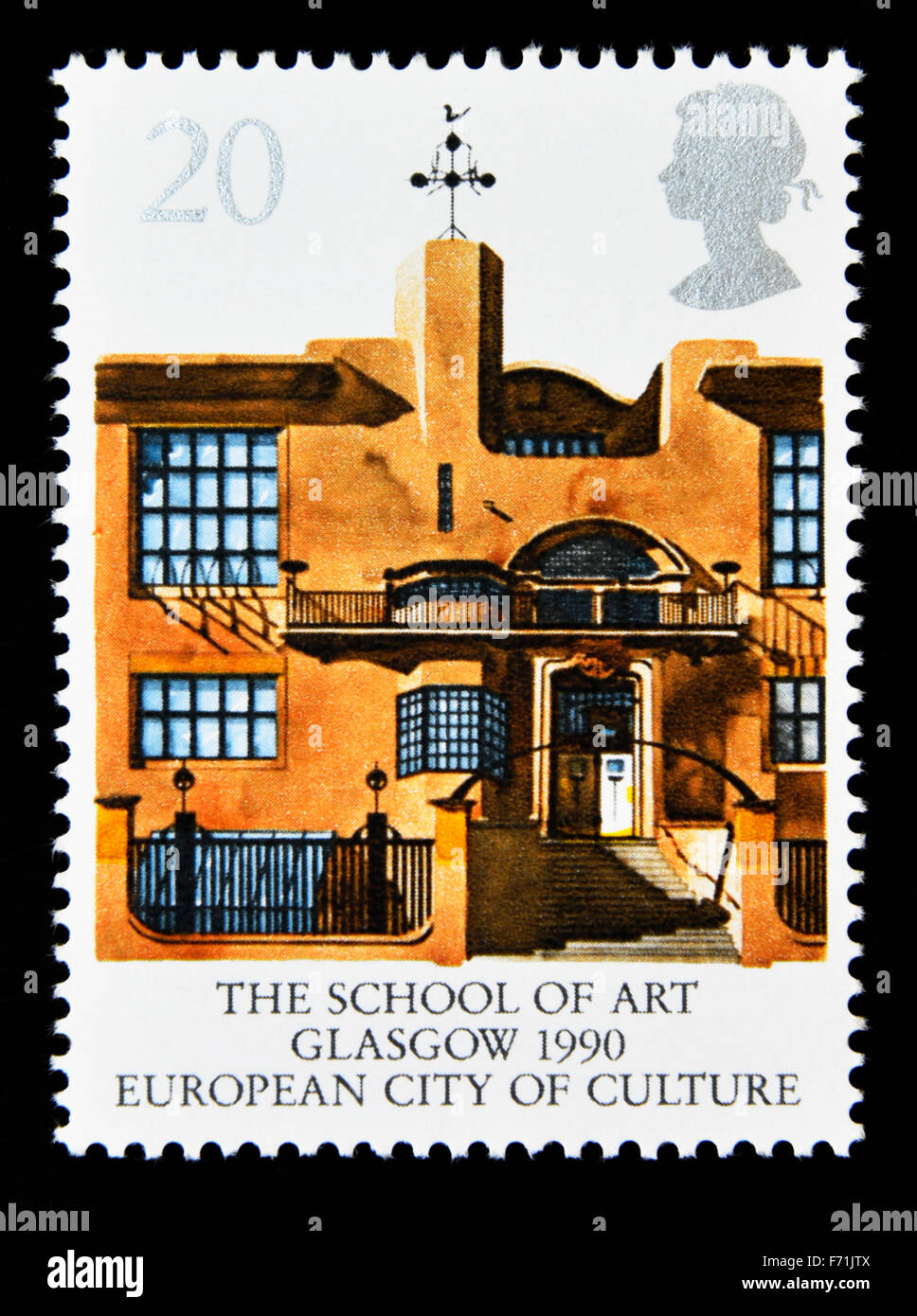 Sello de correos. Gran Bretaña. La reina Isabel II. 1990. Glasgow 1990, Ciudad Europea de la cultura. 20p. Foto de stock