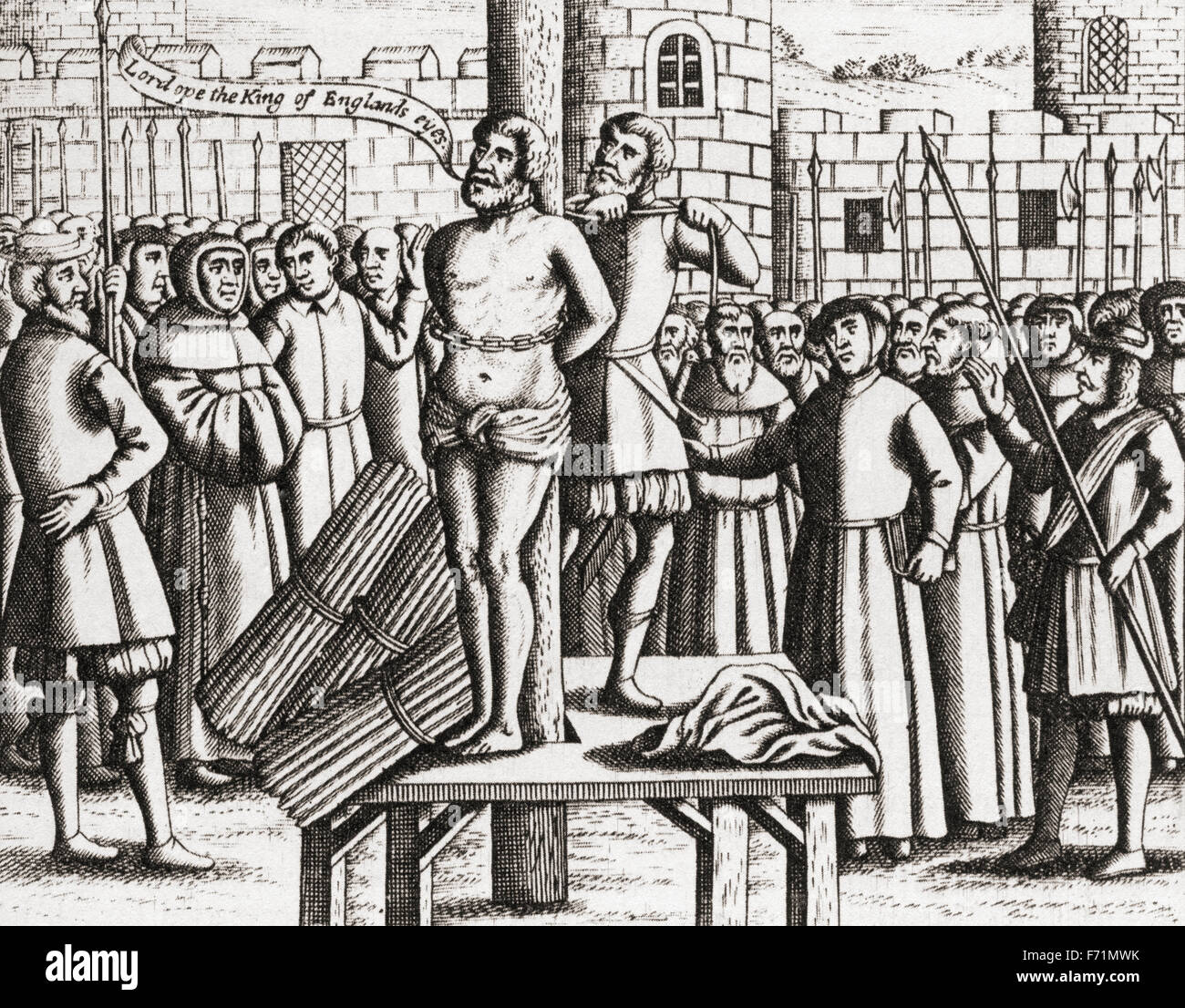 El martirio de William Tyndale en Vilvoorde, Castillo de Bruselas en 1536. William Tyndale, también deletreado Tynsdale, Tindall, Tindill, Tyndall c. 1494-1536. Erudito inglés que se convirtió en una figura líder en la reforma protestante. Después de un grabado en Foxe los actos y monumentos de mártires, de 1684. Foto de stock