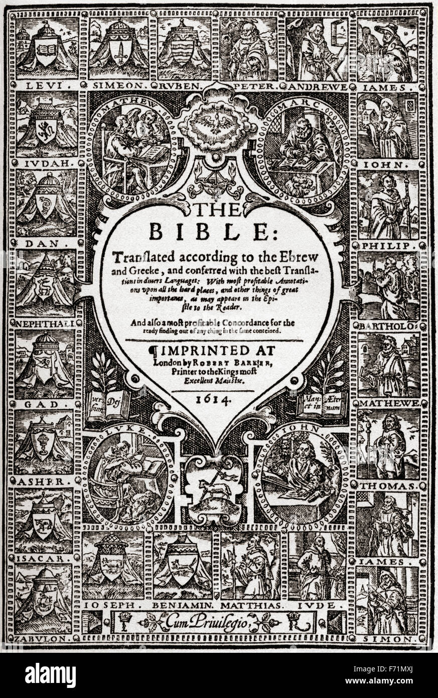 Página del título de la Biblia de ginebra del siglo XVI, después de una reimpresión inglesa de 1614. Foto de stock
