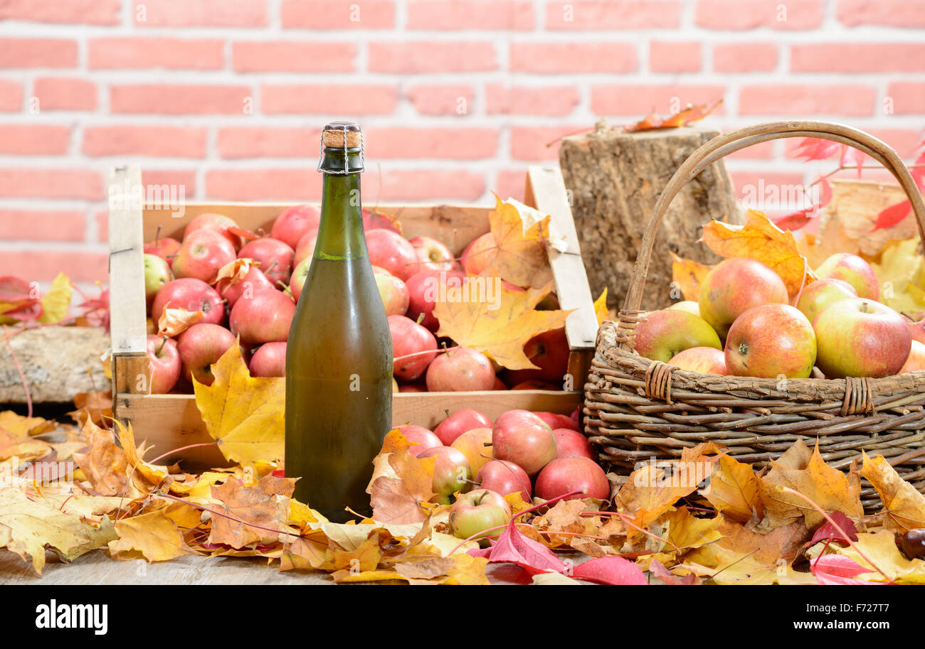 Una botella de sidra de Normandía, con muchas manzanas y cesta Foto de stock