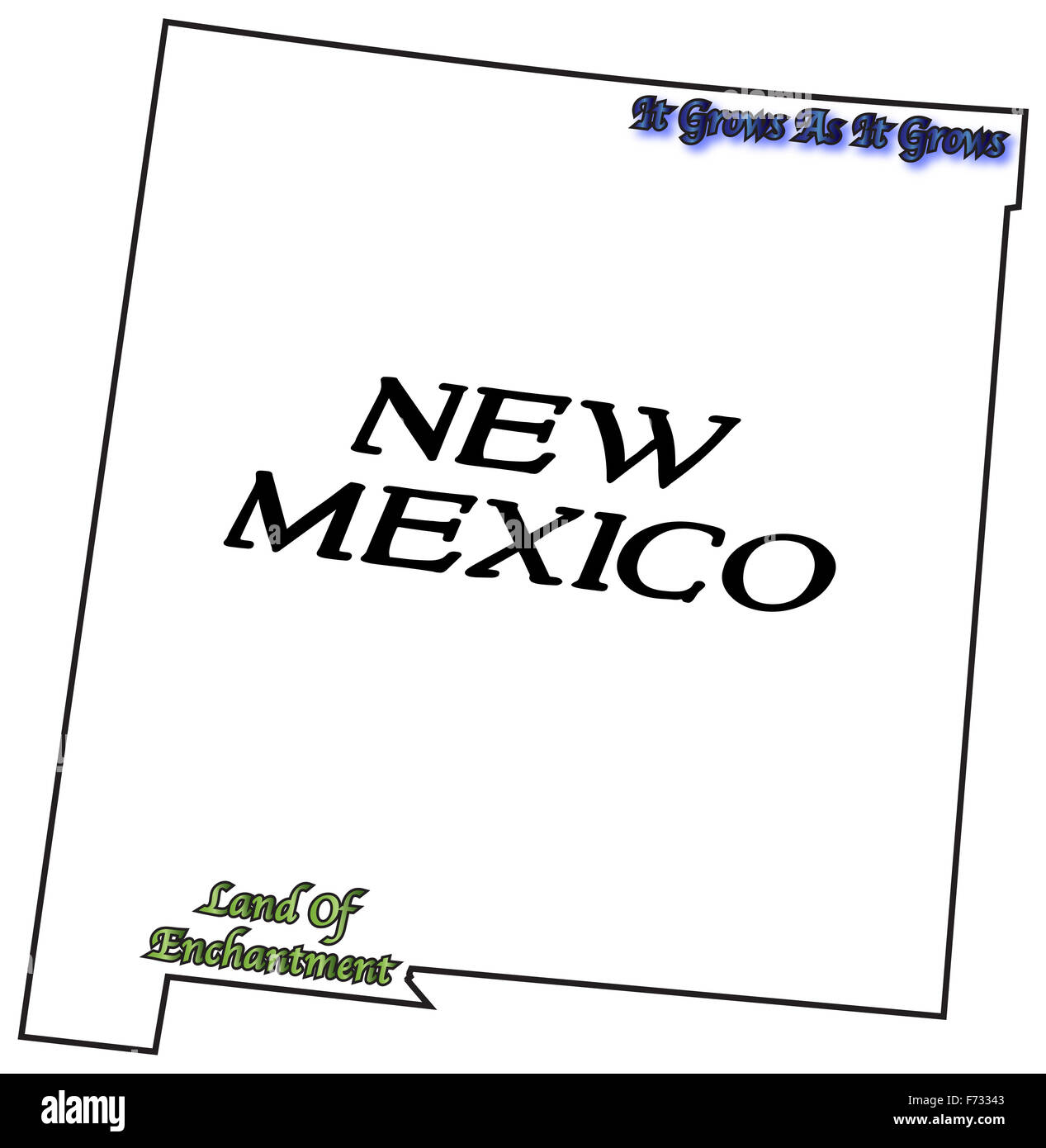 Un esquema estatal de Nuevo México con el lema y slogan aislado sobre un fondo blanco. Foto de stock