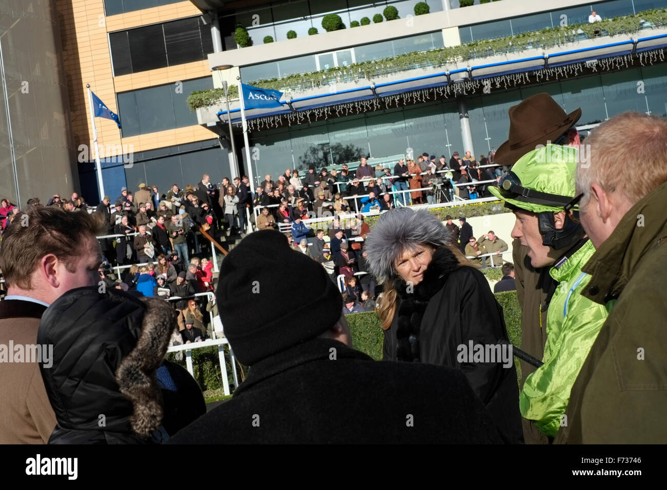 Ascot raceday, 21 de noviembre de 2016. Caballo de carreras propietarios con sus jinetes en el desfile el anillo antes de la carrera. Foto de stock