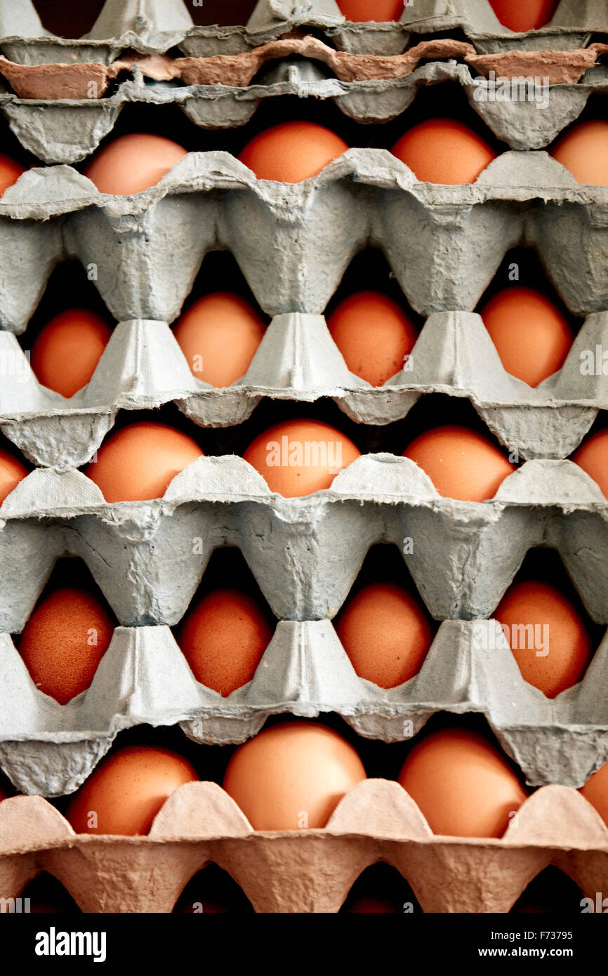 Bandejas de rango libre orgánicos los huevos de gallina apilados, con huevos de diferentes tamaños y colores. Foto de stock