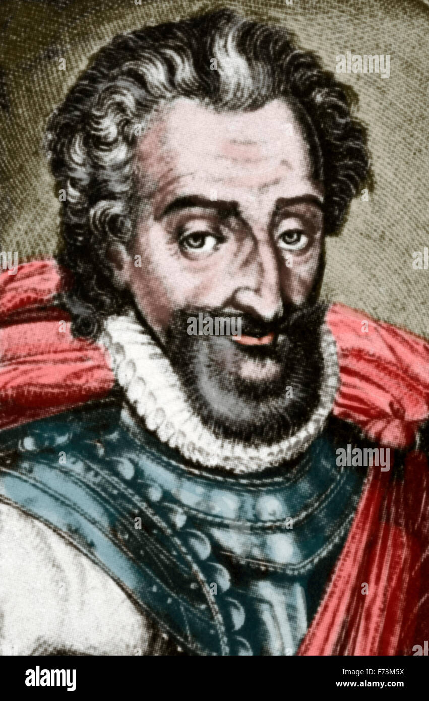 Enrique IV de Francia (1553-1610). Rey de Navarra como Enrique III de 1572-1610 y de 1589-1610, Rey de Francia. Retrato. Grabado. Coloreada. Foto de stock