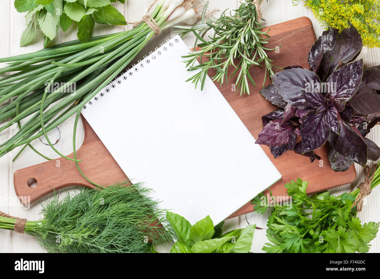 Las hierbas del jardín fresco y el bloc de notas para tus recetas en la mesa de madera Foto de stock
