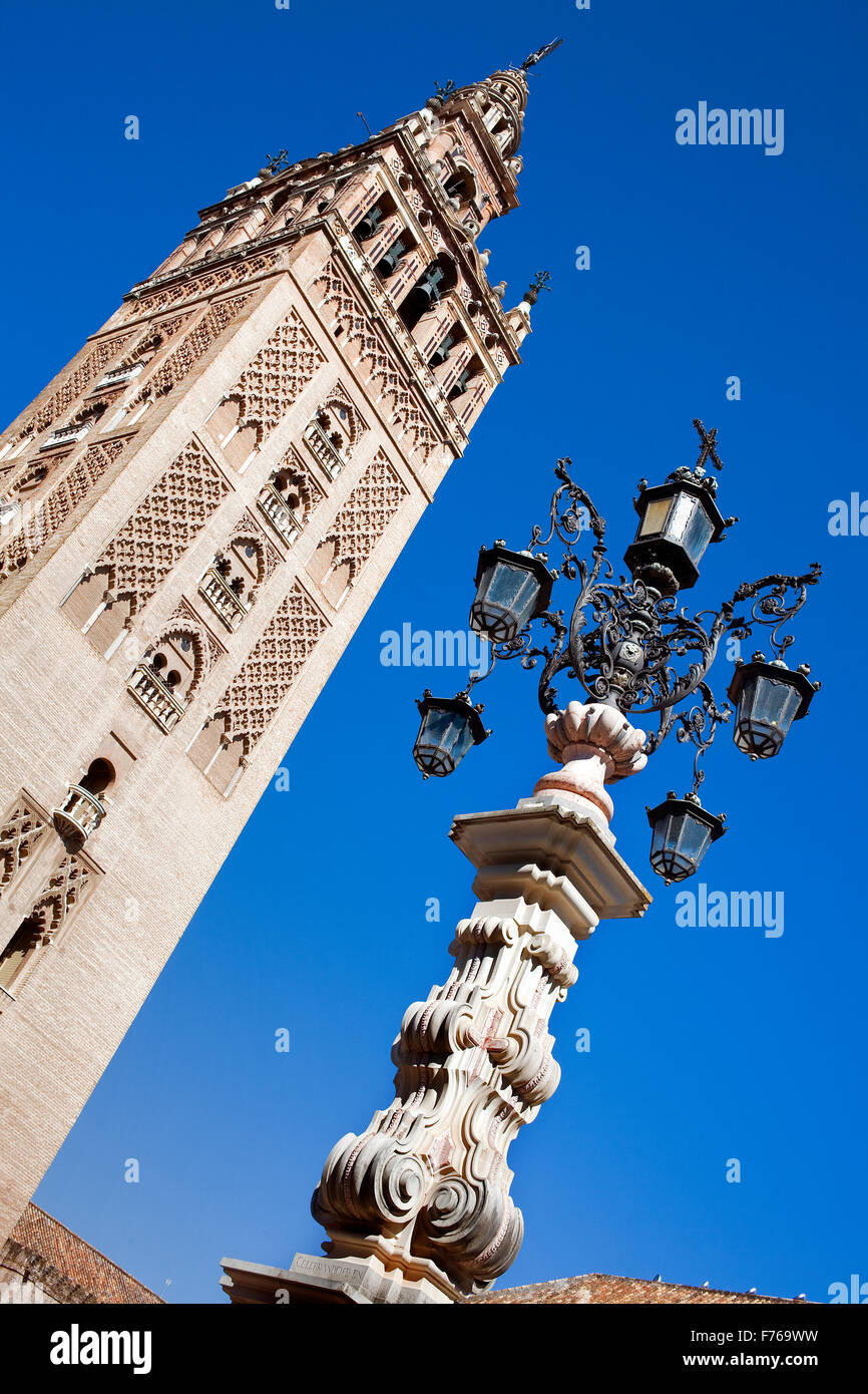 Catedral, torre de la Giralda desde la Plaza Virgen de los Reyes,Sevilla,Andalucía,Spain Foto de stock