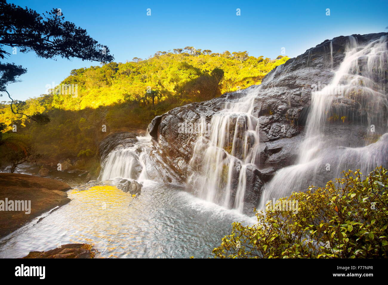 Sri Lanka - Paisaje con cascada en el Parque Nacional de Horton liso, Baker cascada, Sri Lanka Foto de stock