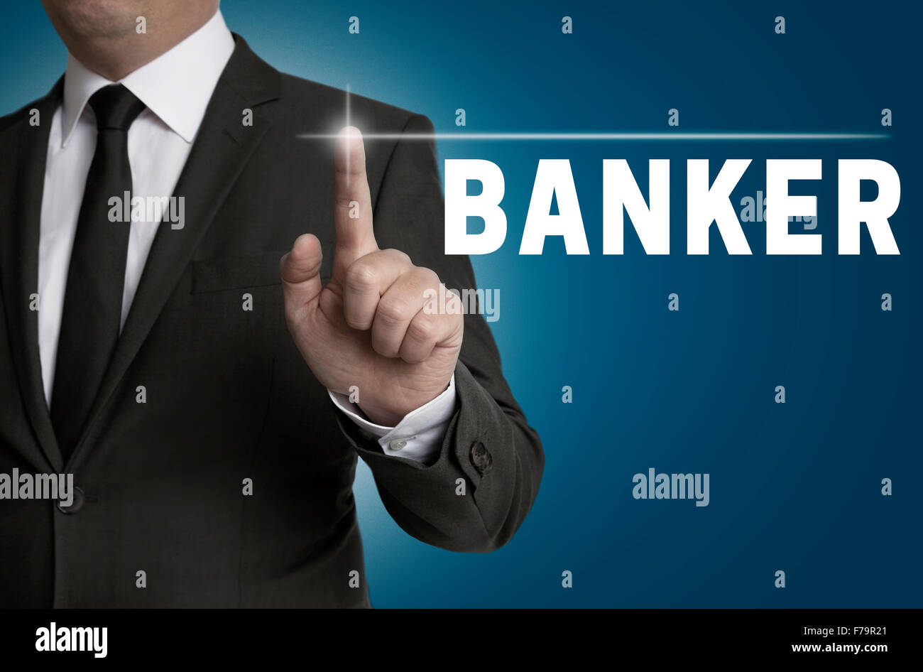 Pantalla táctil del banquero es operado por el empresario concepto. Foto de stock