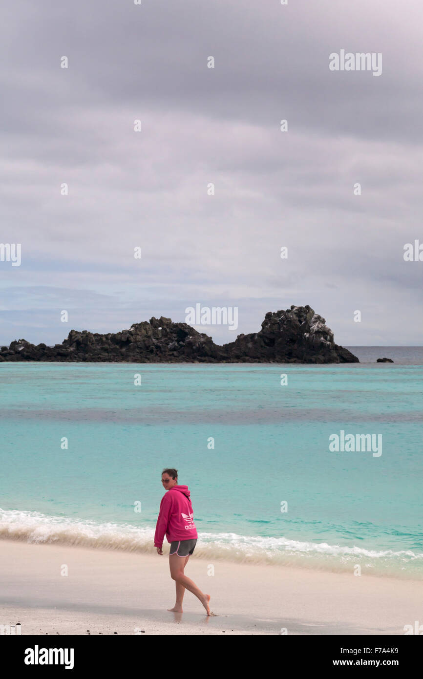 Mujer caminando por la playa en la bahía Gardner, Espanola Isla, Islas Galápagos Foto de stock