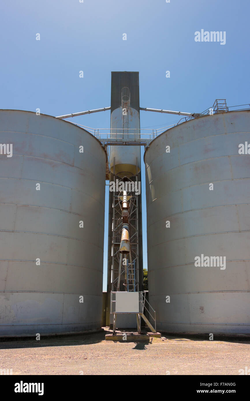 Acero grandes silos de grano con el despejado cielo azul. Foto de stock