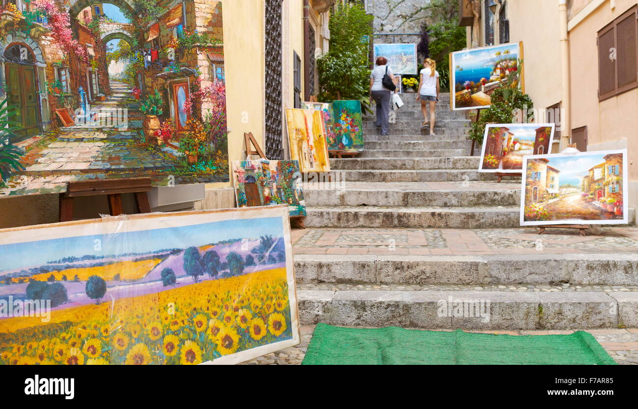 Pinturas para la venta, casco antiguo de Taormina, Sicilia, Italia Foto de stock