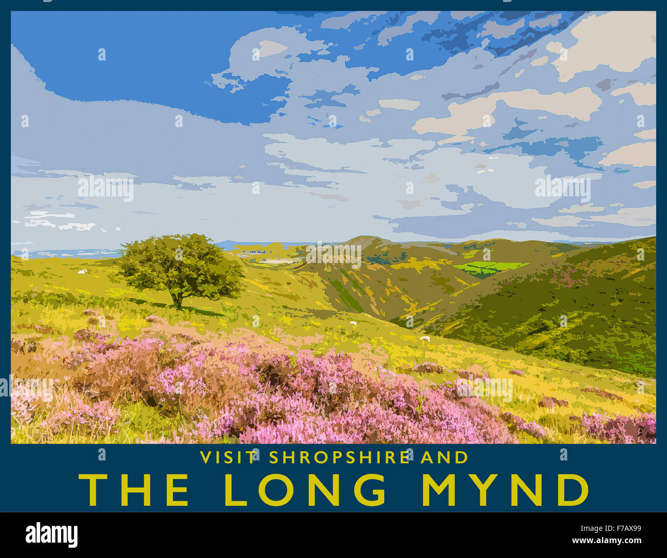 Ilustración de un póster de estilo a partir de una fotografía del brezo clad Long Mynd, Shropshire Hills Shropshire, Inglaterra. Foto de stock