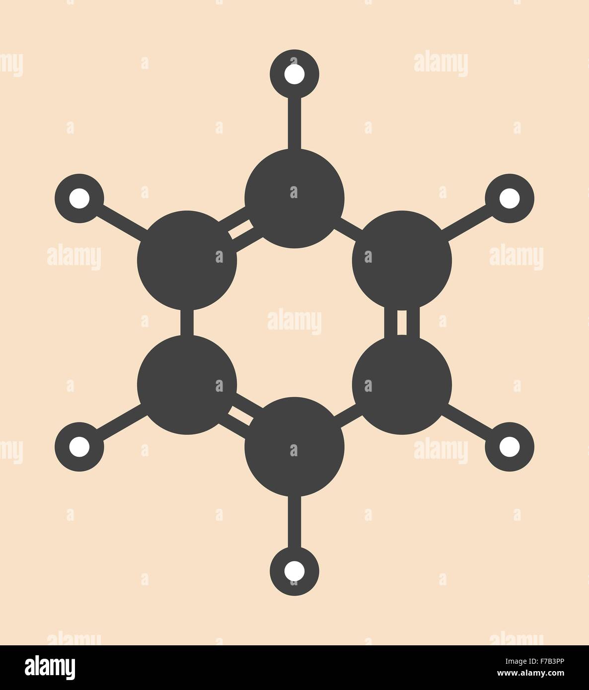 Hidrocarburos aromáticos benceno molécula. Estilizada fórmula esquelética (estructura química). Los átomos se muestran como círculos codificados por color: Foto de stock