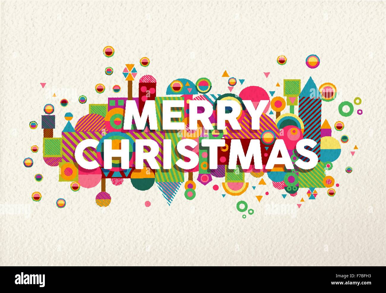 Feliz Navidad colores vibrantes póster con divertidas formas de geometría en la composición del entorno ilustración. Ideal para la felicitación de navidad Ilustración del Vector
