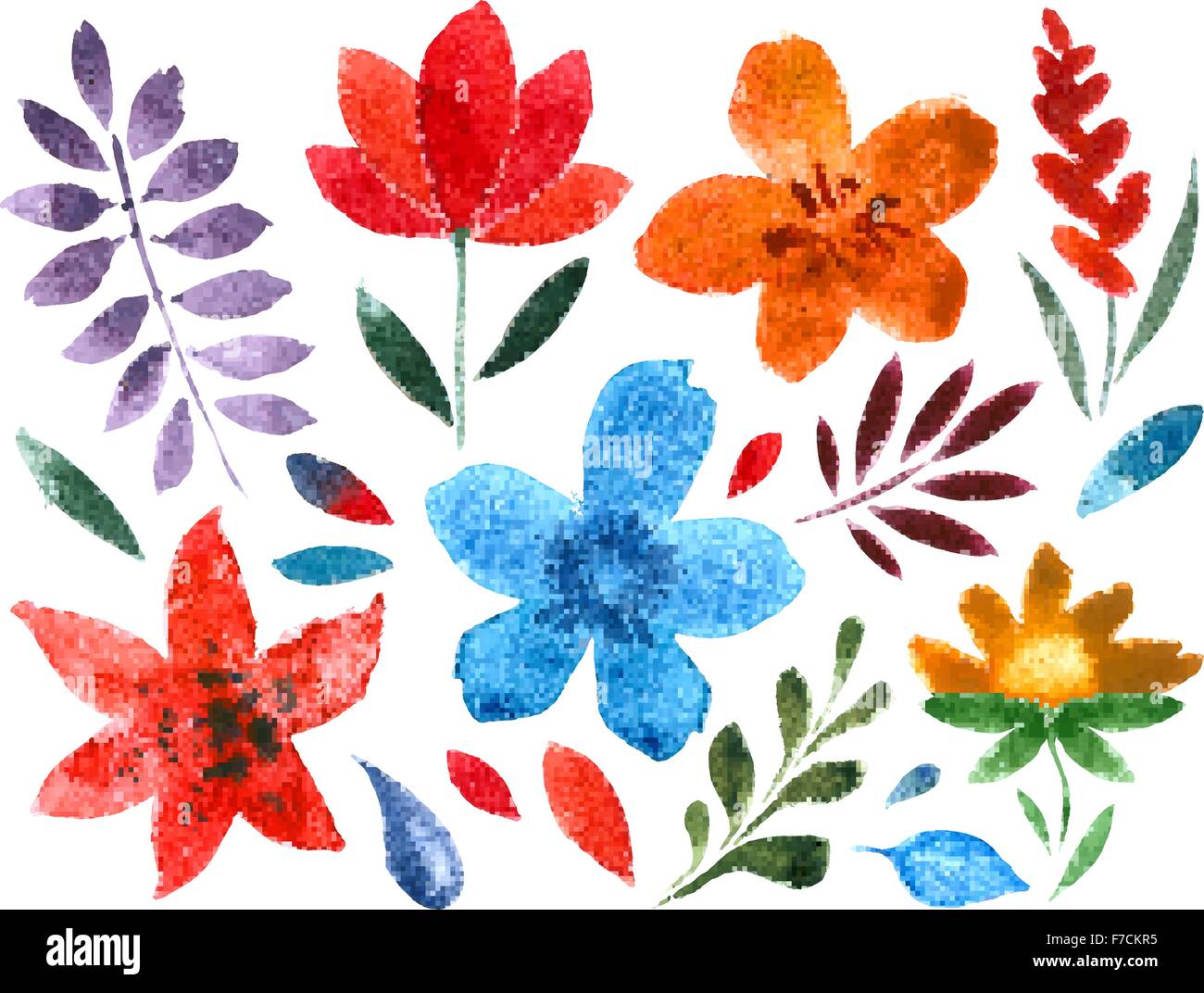 Acuarela pintada a mano de flores y hojas de vectores elementos decorativos florales. Ilustración del Vector