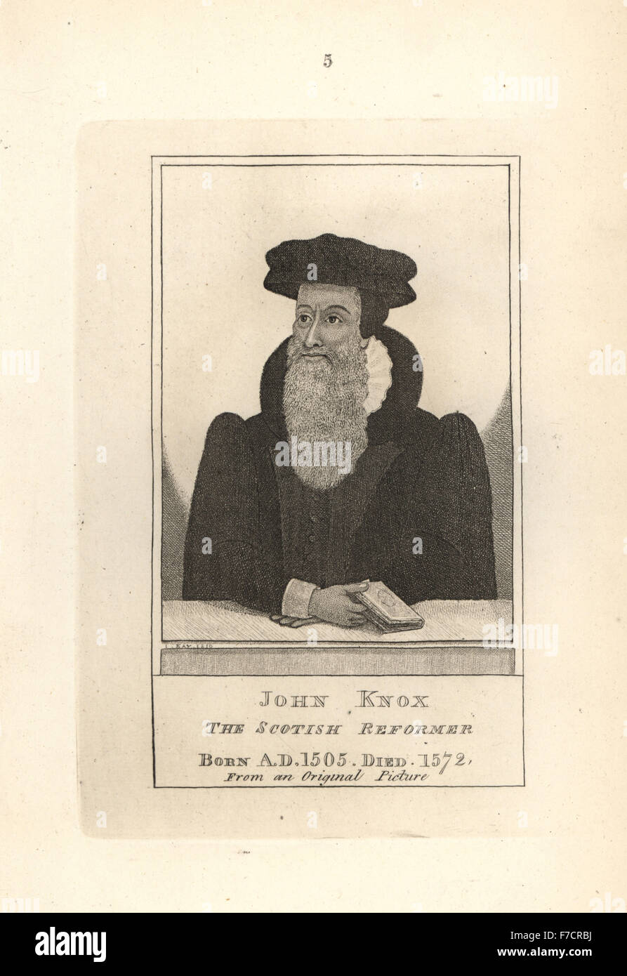John Knox, el reformador escocés, desde una pintura original. Copperplate grabado por John Kay original a partir de una serie de retratos y caricaturas aguafuertes, Hugh Paton, Edimburgo, 1842. Foto de stock