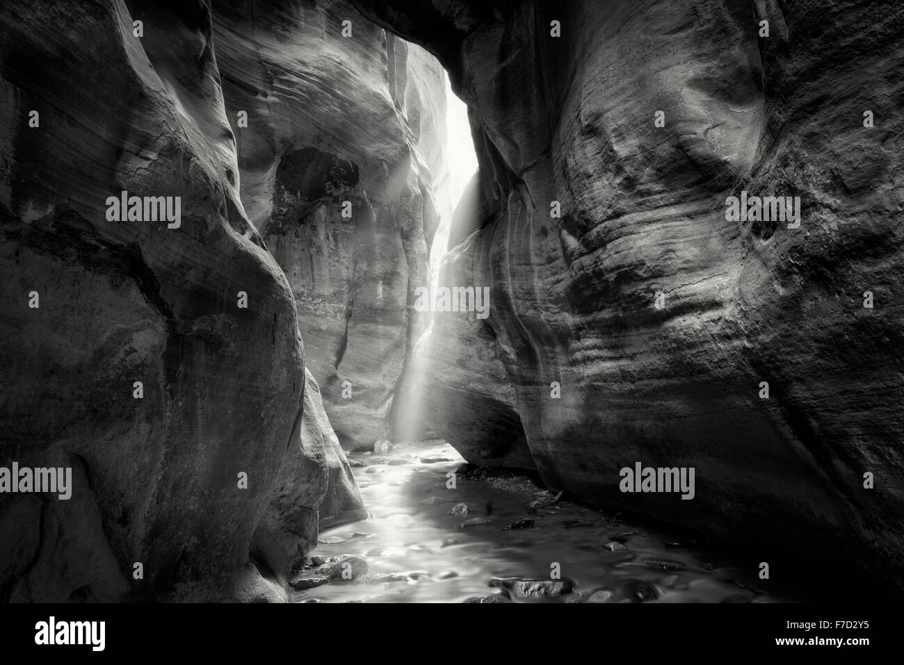 Ejes de luz en la ranura de un cañón. Kanarra Creek, Utah. El Dixie National Forest Foto de stock