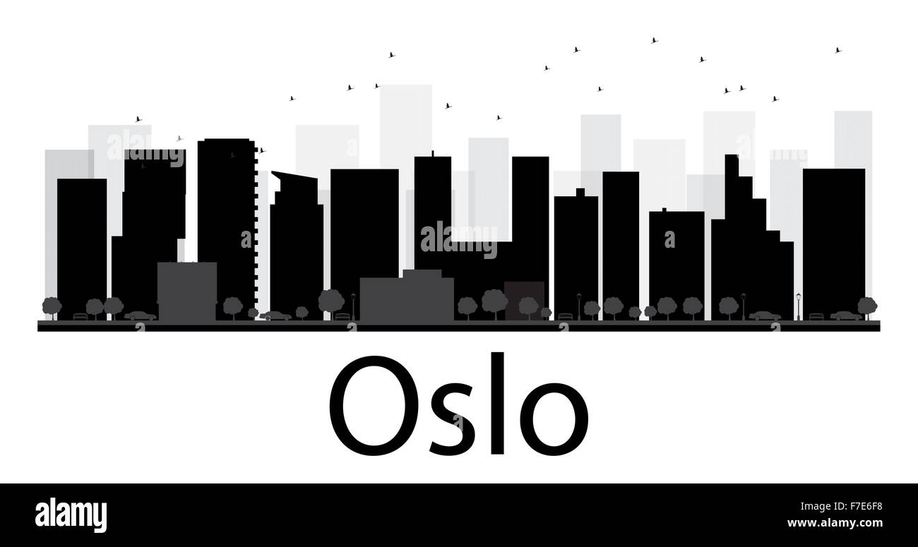 El horizonte de la ciudad de Oslo silueta en blanco y negro. Ilustración vectorial. Plano simple concepto de turismo presentación, banner Ilustración del Vector