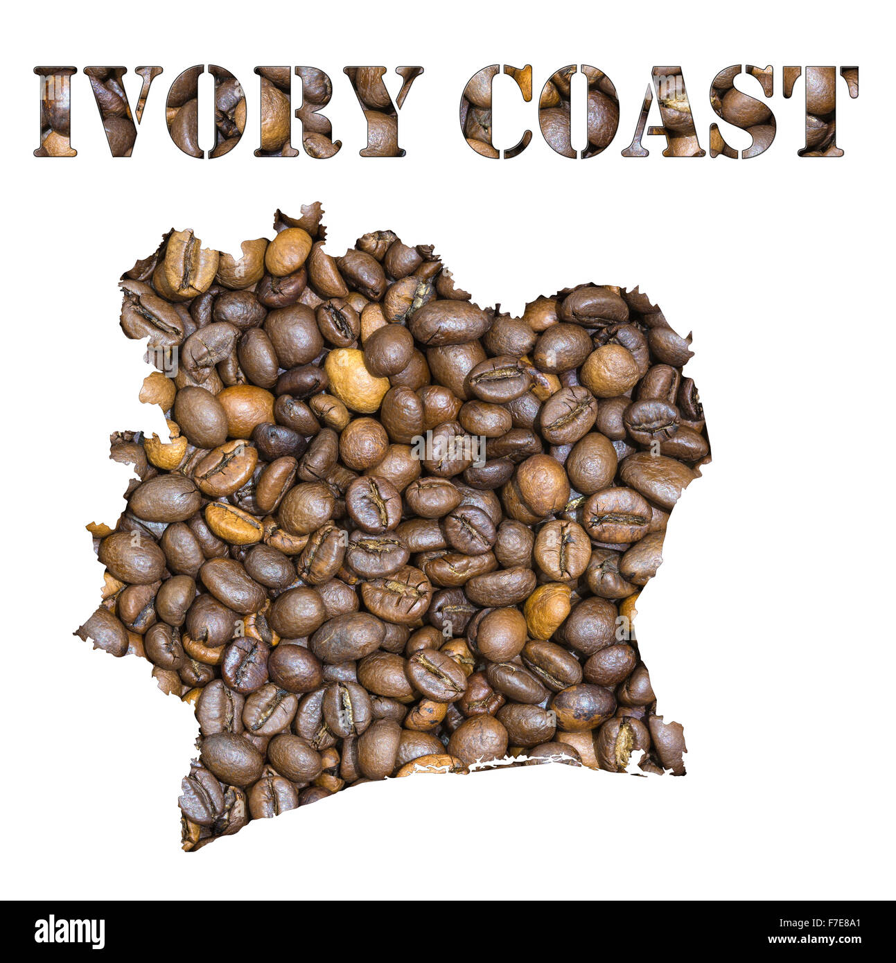 Los granos de café tostado de fondo marrón con la forma de la palabra Costa de Marfil y el país mapa geográfico de esquema. Imagen ISO Foto de stock
