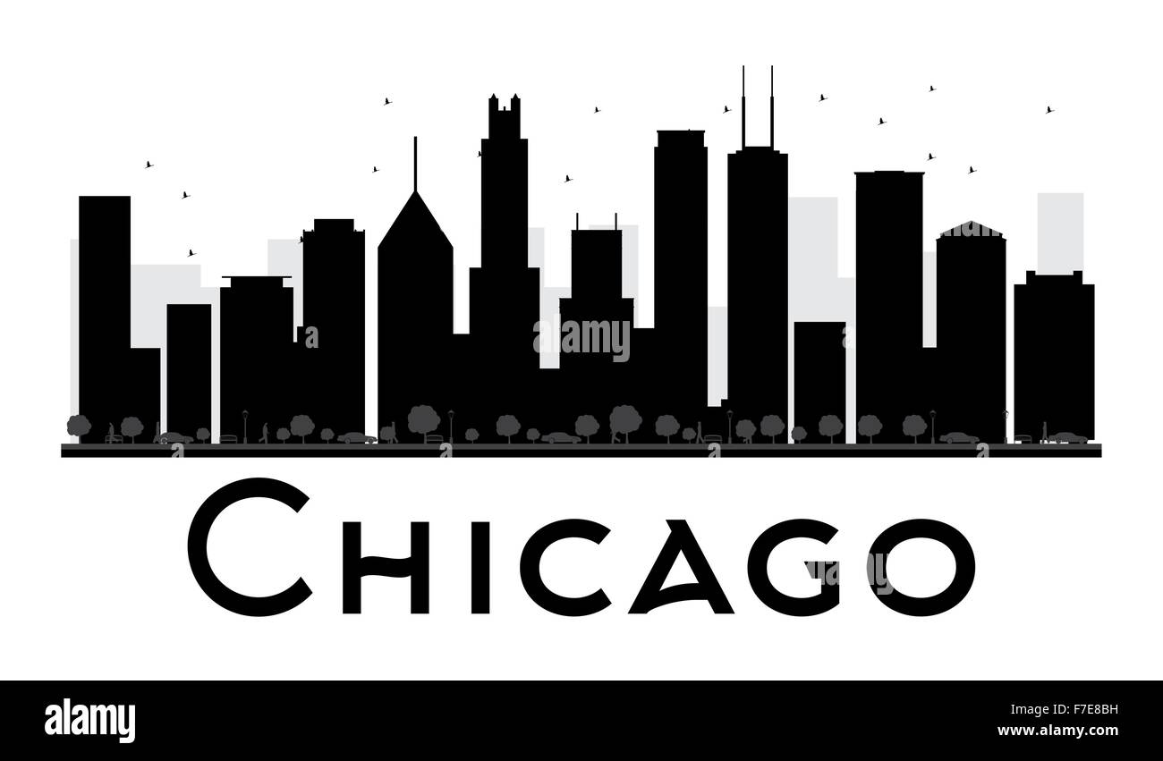 El horizonte de la ciudad de Chicago silueta en blanco y negro. Ilustración vectorial. Plano