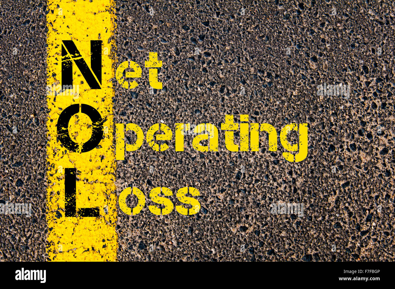 Concepto de imagen Business Acrónimo NOL como pérdidas netas de operación escrito encima de la señalización de la línea de pintura amarilla. Foto de stock