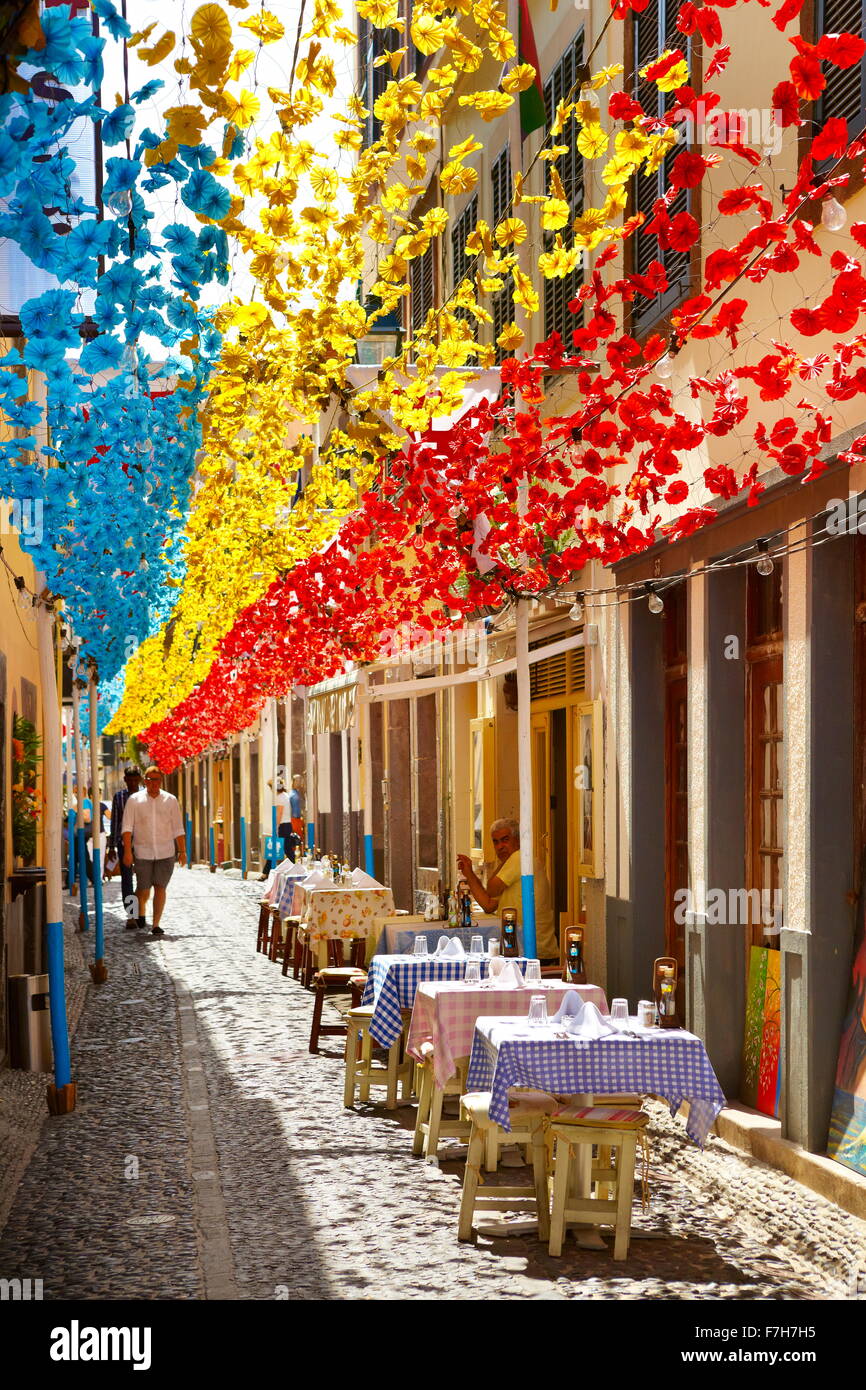 Calle decoradas con flores de papel en la fiesta de Madeira, Funchal, casco antiguo, la isla de Madeira, Portugal Foto de stock