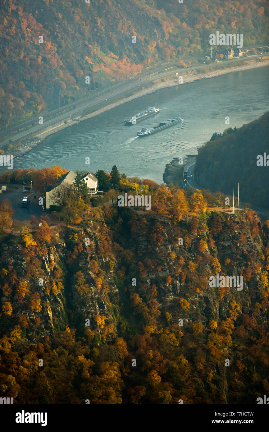 La roca de Loreley, Lorelei, esquisto roca en el Patrimonio Mundial de la UNESCO, el valle del Rin medio superior en Sankt Goarshausen, Sankt Goar, Foto de stock