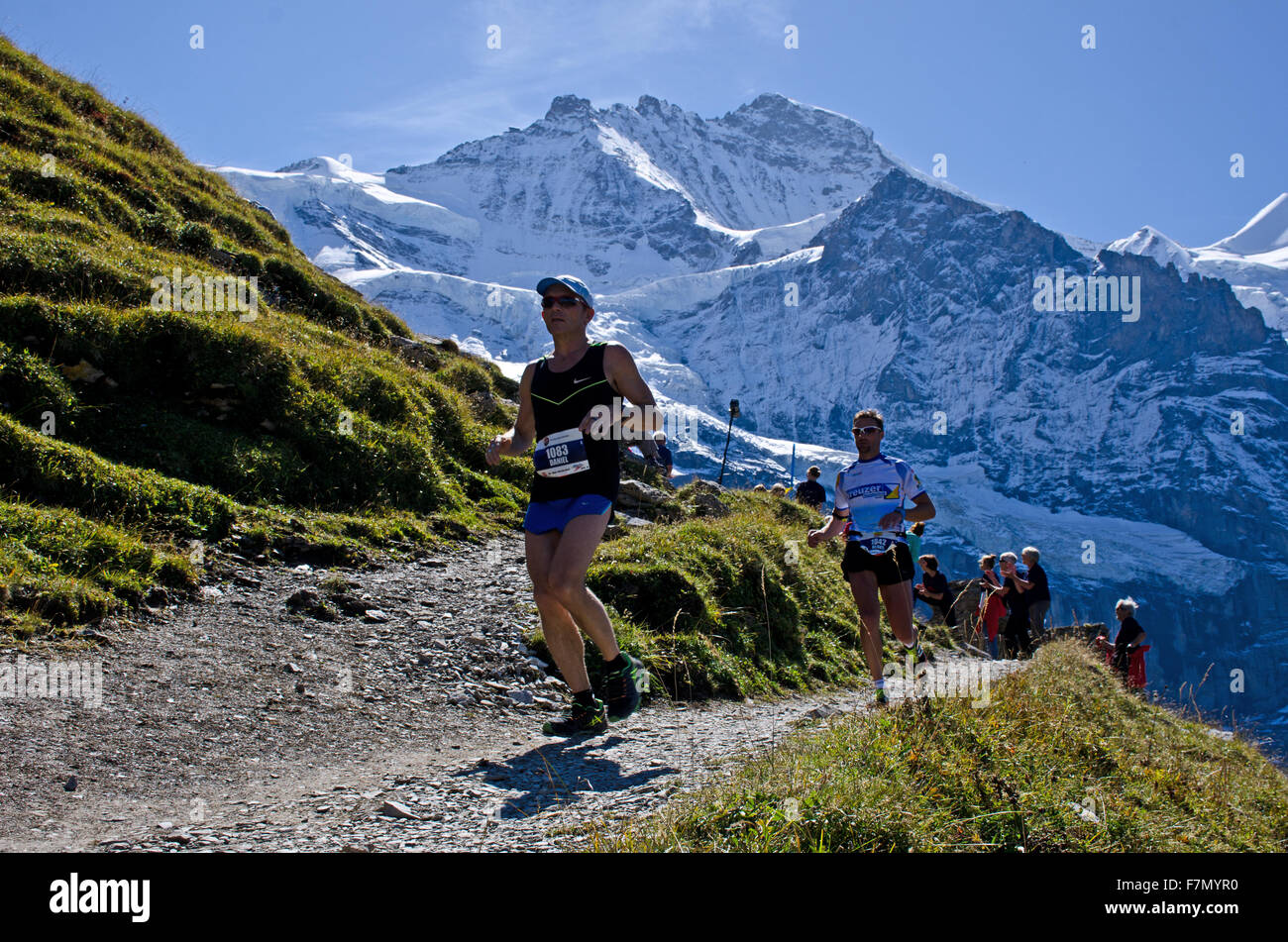 Los corredores en frente del monte Jungfrau en 2015 la carrera de maratón de montaña de Jungfrau interlken hasta Kleine Scheidegg, Alpes Berneses, swi Foto de stock