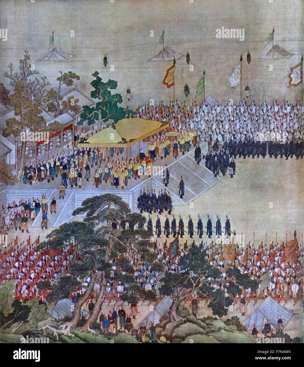 El tribunal itinerante de un emperador chino del siglo xviii. Posiblemente, el Emperador Qianlong (Chien-lung, 1711 - 1799). Sexto emperador de los Manchú-led de la dinastía Qing, y el cuarto emperador Qing para gobernar sobre China. reinó de 1735 a 1796 Foto de stock