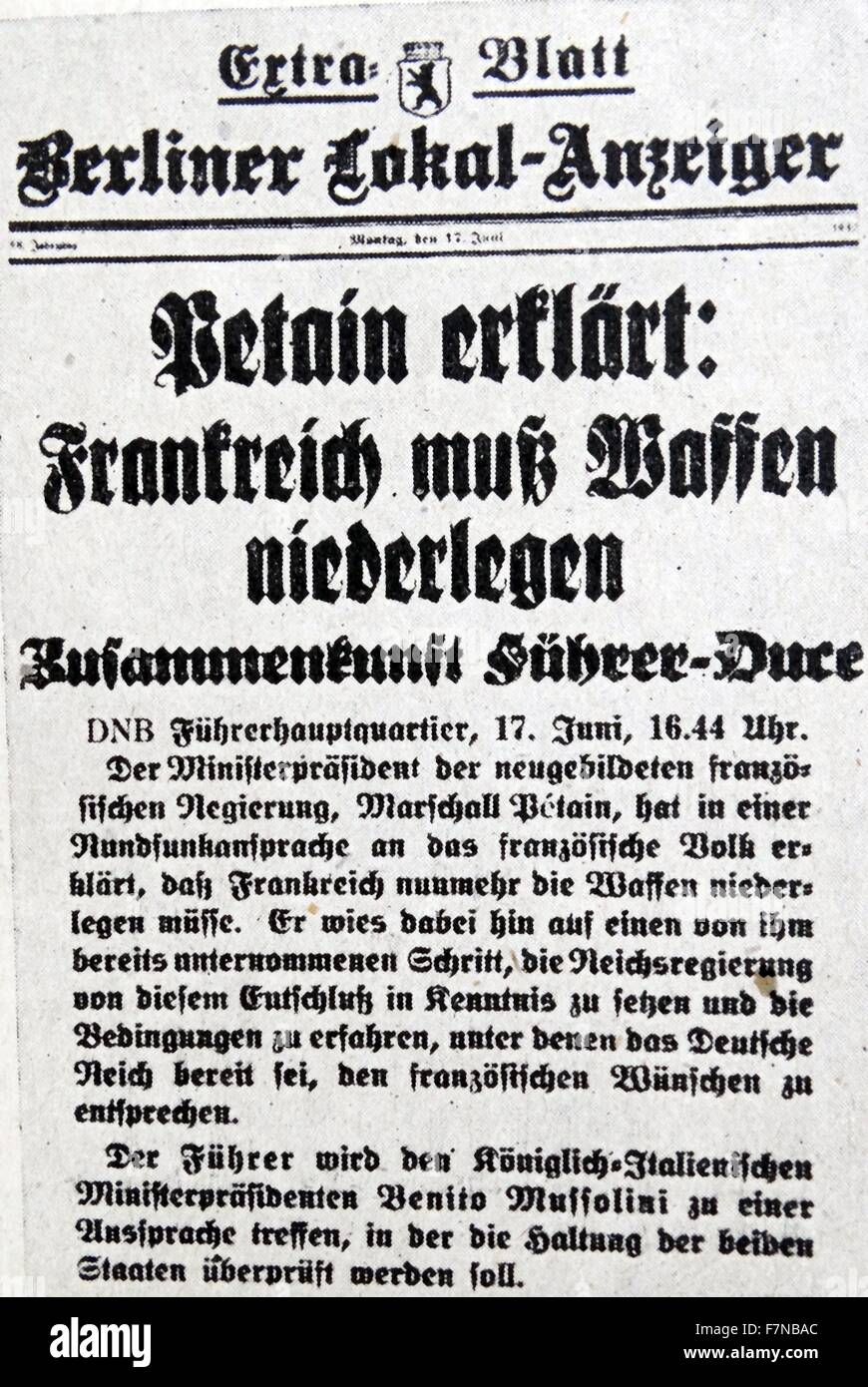 Especial, además de la 'Berliner-Lokal-Anzeiger", publicado en la "sede" del Fuehrer. Fecha 1945 Foto de stock