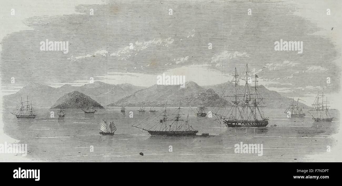 La flota británica en China bajo el Almirante Jones off Kintang montado antes de la ocupación de Chusan. Foto de stock