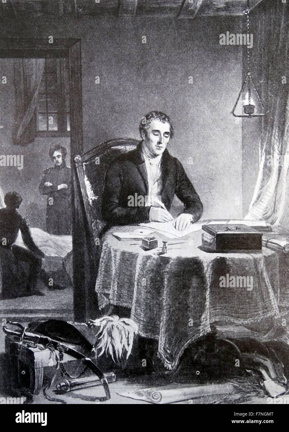 Arthur Wellesley, primer duque de Wellington su elaboración de despachos después de la batalla de Waterloo, 18 de junio de 1815. Los Belgas, Holandeses, gente de Hannover y prusianos dio asistencia a los británicos en este triunfo y Wellington no ha tardado en reconocer sus servicios en sus despachos oficiales. Foto de stock