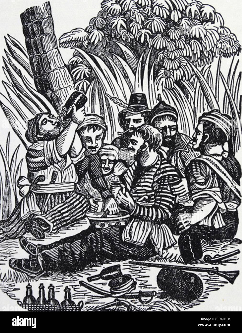 La tripulación del Capitán Bartholomew Roberts, conocido como 'Black Bart', después de una incursión en la costa de Guinea, en África en el siglo 18. Foto de stock