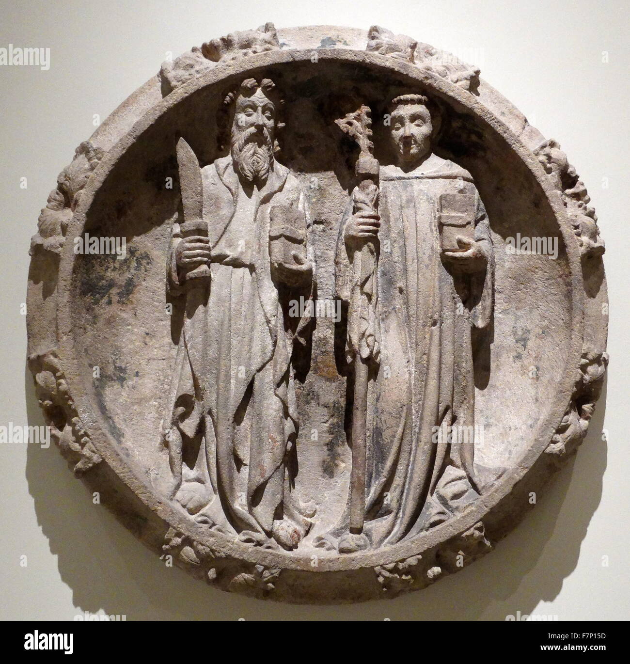 Montjuïc tallar la piedra de San Bartolomé y santo abad. Atribuida a George Dios (1363-1418). Fecha del siglo XIV. Foto de stock