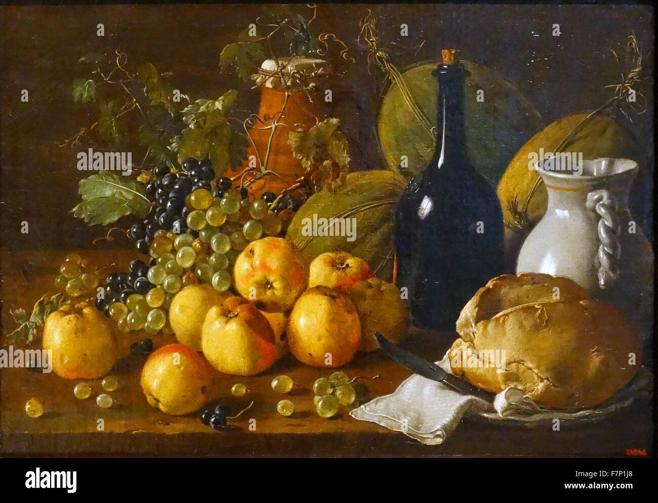 Pintura titulada 'Still life con manzanas, uvas, melones, pan, jarra y  botella de Luis Egidio Meléndez (1716-1780), pintor español. Fecha 1771  Fotografía de stock - Alamy
