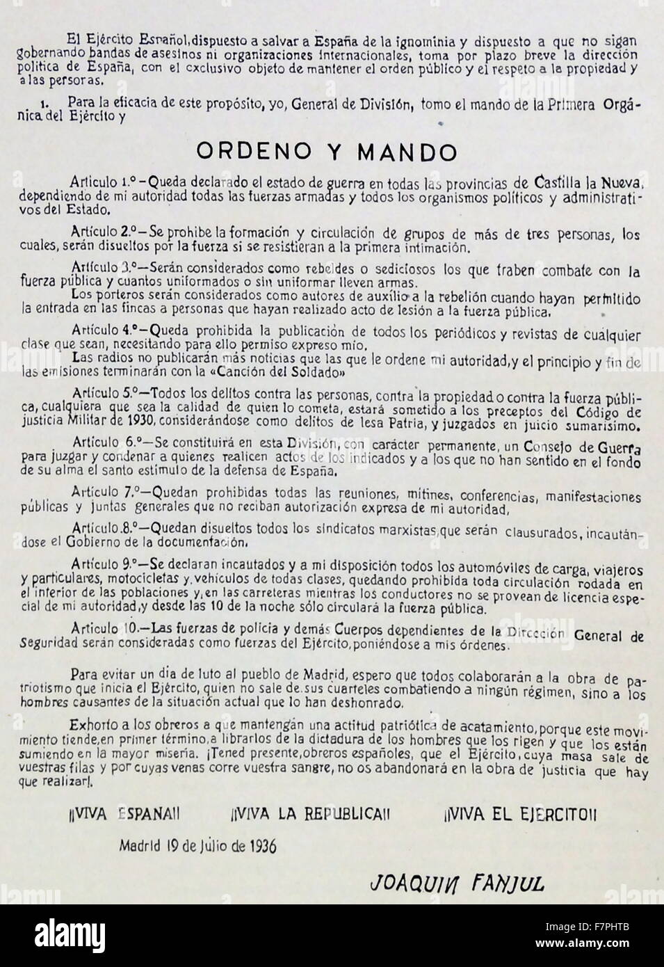 Las órdenes dictadas por Joaquín Fanjul Goñi un general español que