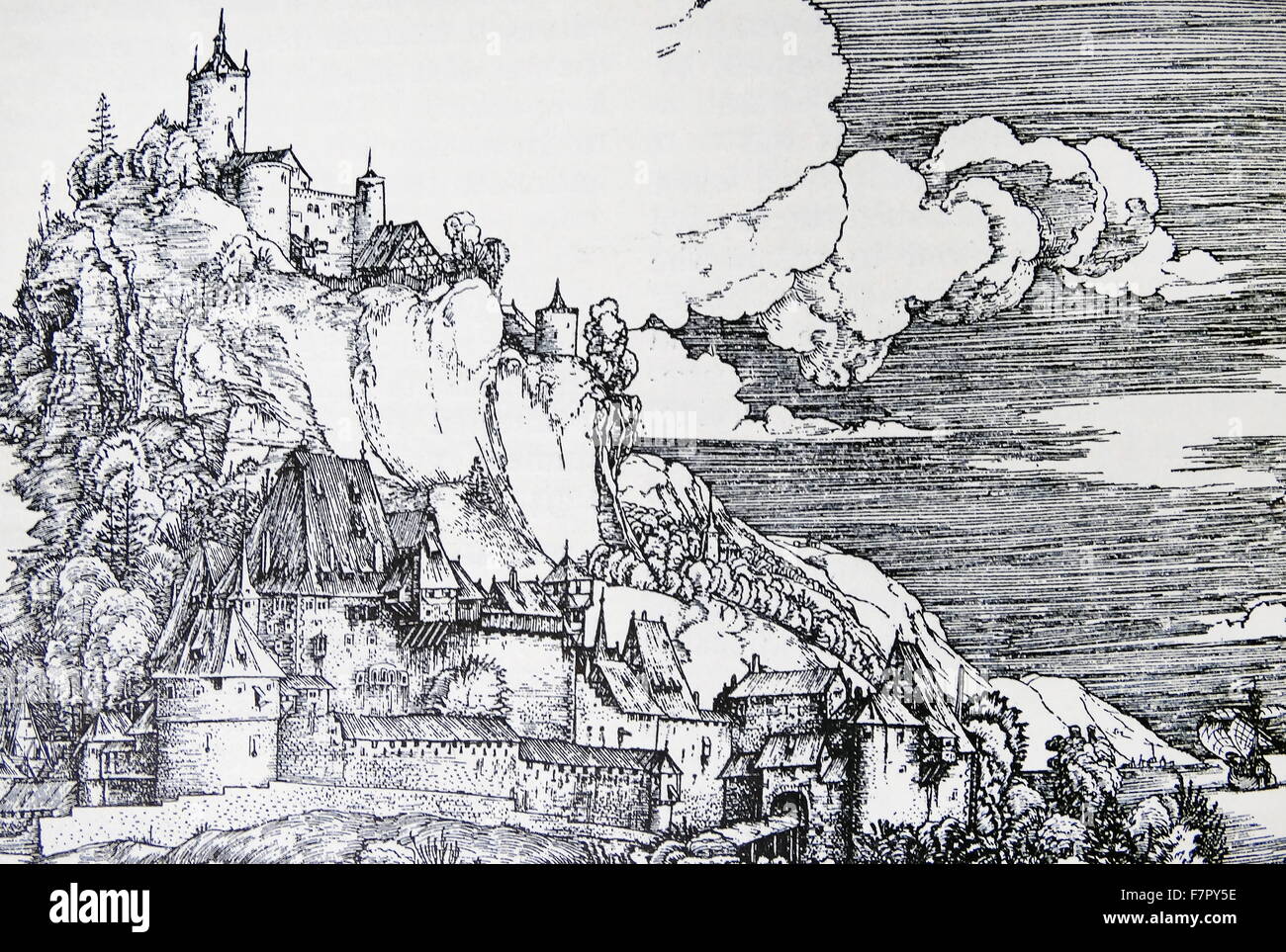 Ilustración después de Albrecht Durer copperplate grabado (1502) de Castel Segonzano Foto de stock