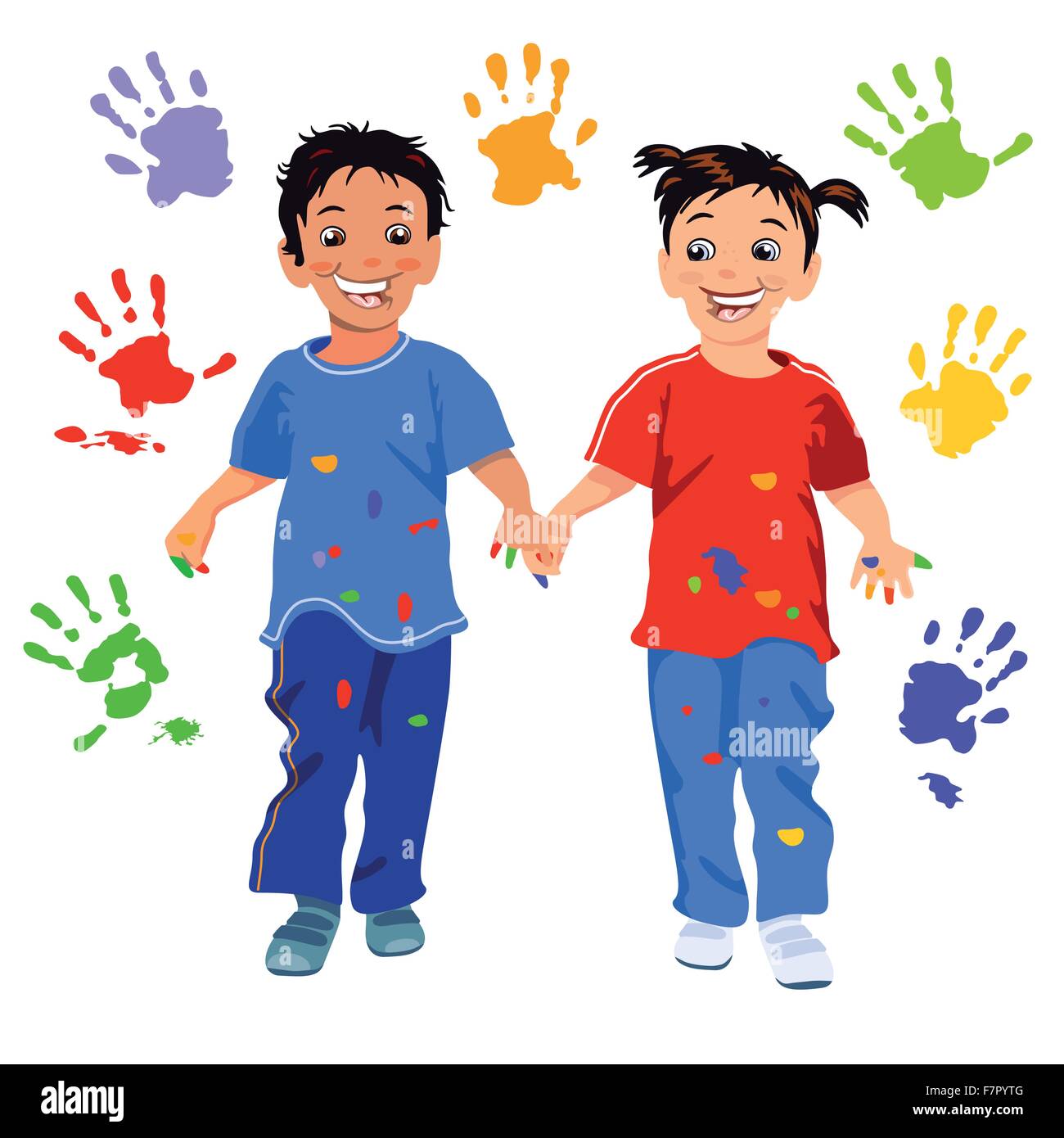 Dibujos animados de niño y niña pintando un cuadro sobre papel en la  ilustración plana de vector de piso. los niños creativos disfrutan de  dibujar con lápiz multicolor aislado sobre fondo blanco.
