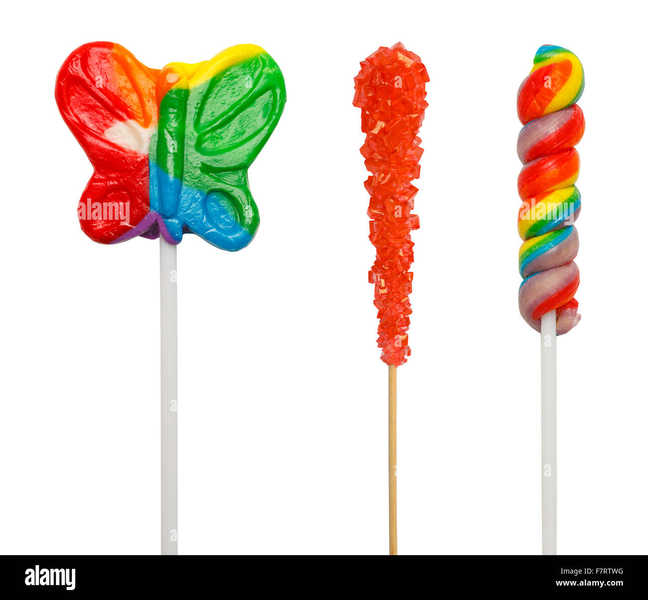 Tres diferentes Lollipop Suckers aislado sobre fondo blanco. Foto de stock