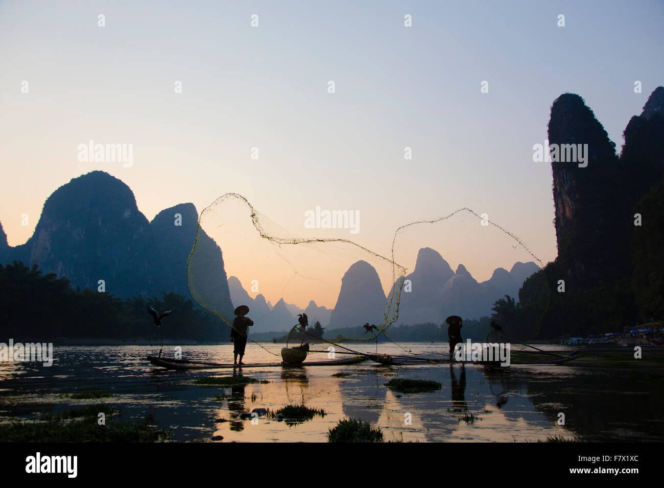 Cormorán pescador lanzar peces Net sobre el río Li Guilin Región de Guangxi, China LA008323 Foto de stock