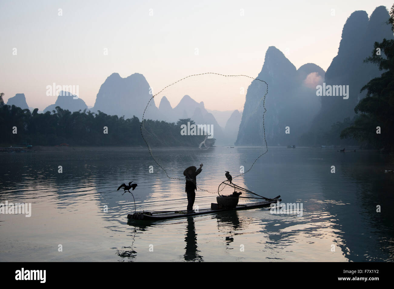 Cormorán pescador lanzar peces Net sobre el río Li Guilin Región de Guangxi, China LA008328 Foto de stock