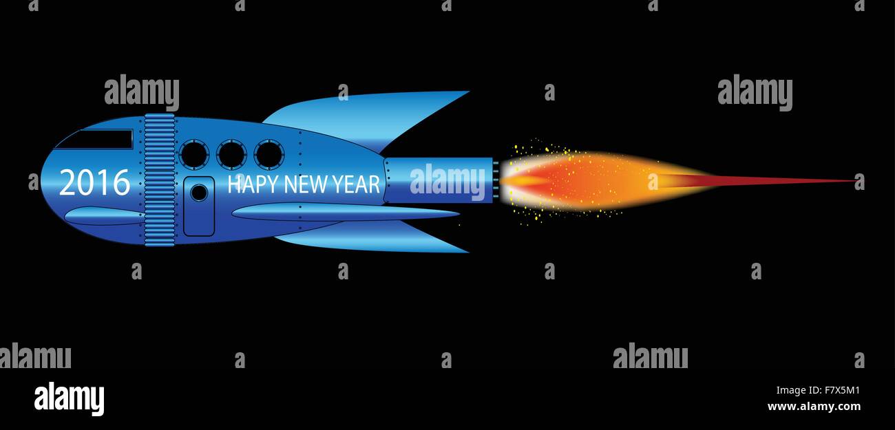 Una caricatura de una nave espacial con un fondo negro y el texto de 2016 Feliz Año Nuevo Ilustración del Vector