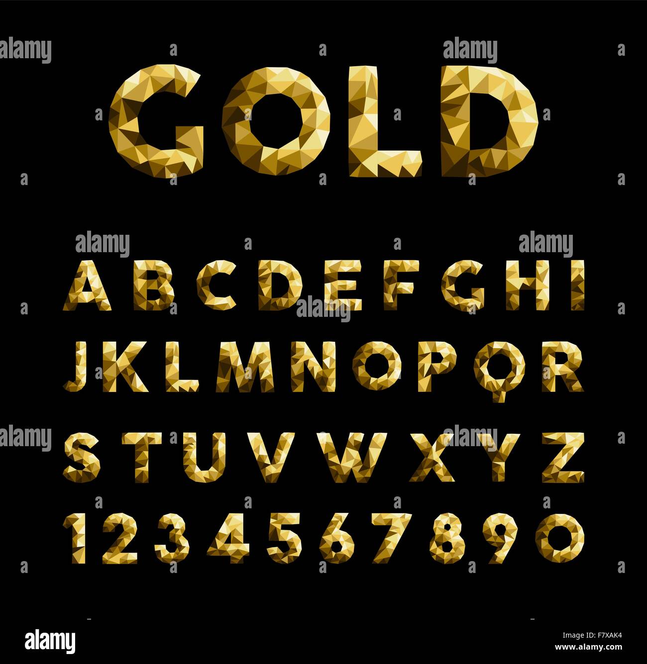 Oro elegante lujo poly bajo tipo de letra del alfabeto con números aislados sobre fondo negro. Vector EPS10. Ilustración del Vector